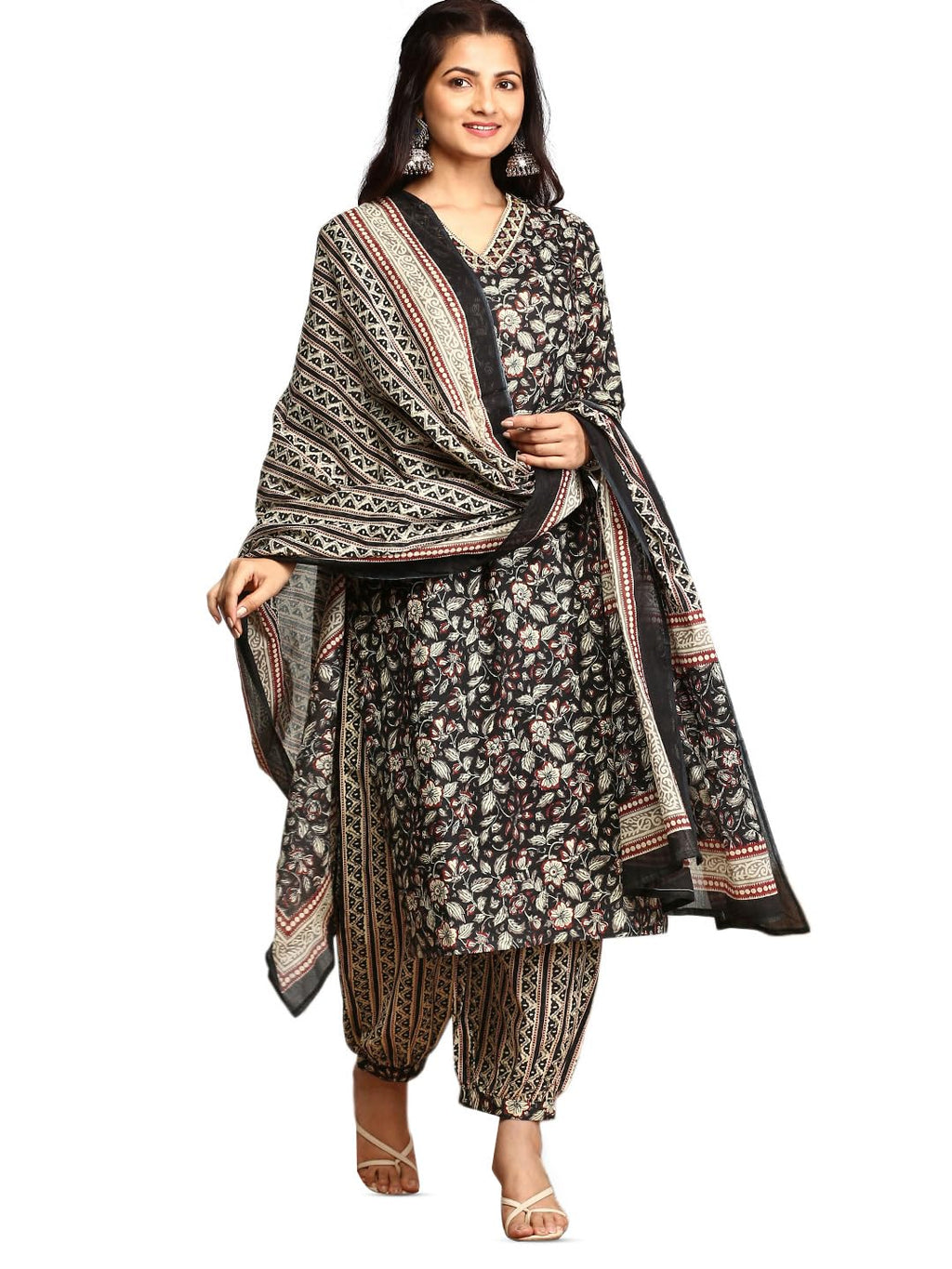 Ishin Kalamkari Embellished Cotton Kurta With Afghani Pants & Flowy Mulmul Dupatta | Kurta Set For Women | Kurta With Trousers A