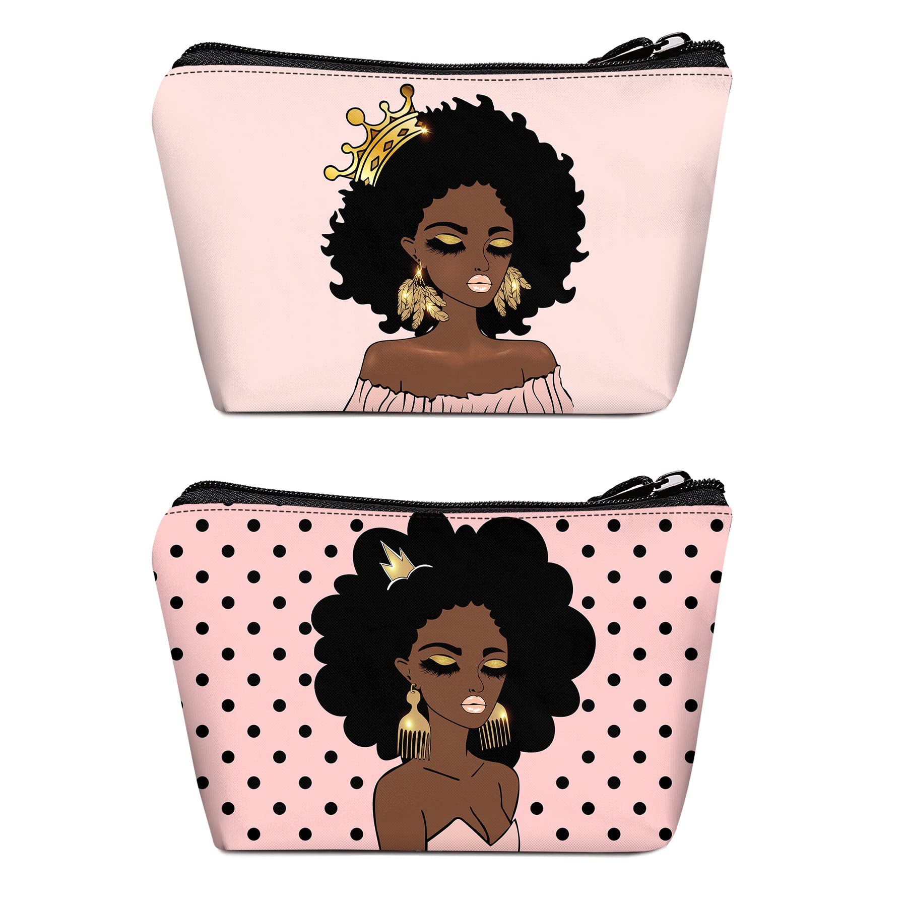 BDAWQUG Cosmetic Bag for Black Women African Queen Art Printing Fashion Makeup Bags 2 Pack Roomy Black Toiletry Pouch Travel Acc