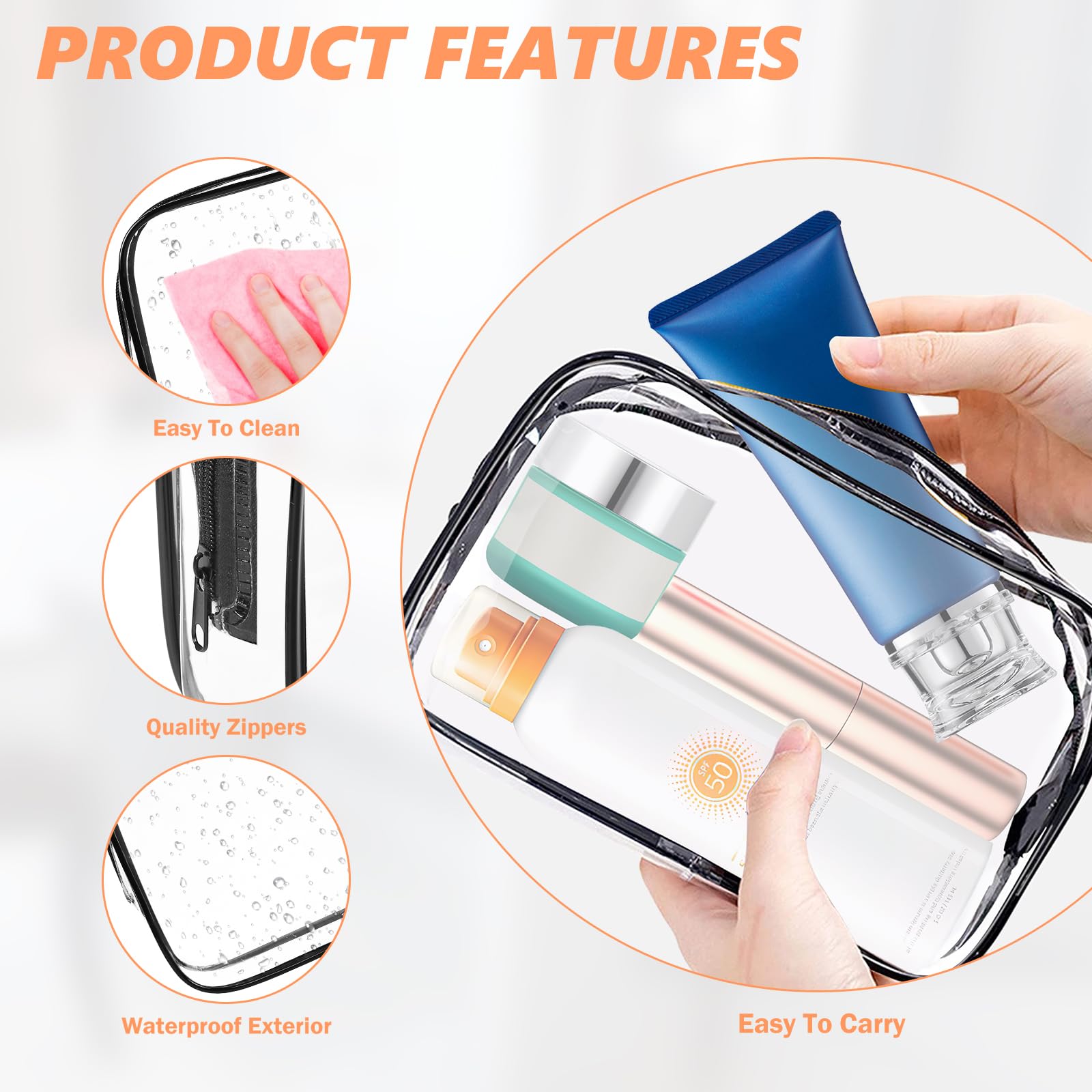 AURUZA 6 PACK Clear Toiletry Bag, TSA Approved Cosmetic Makeup Bags Set, Portable Travel Makeup Bags Zipper PVC Cosmetic Pouch A