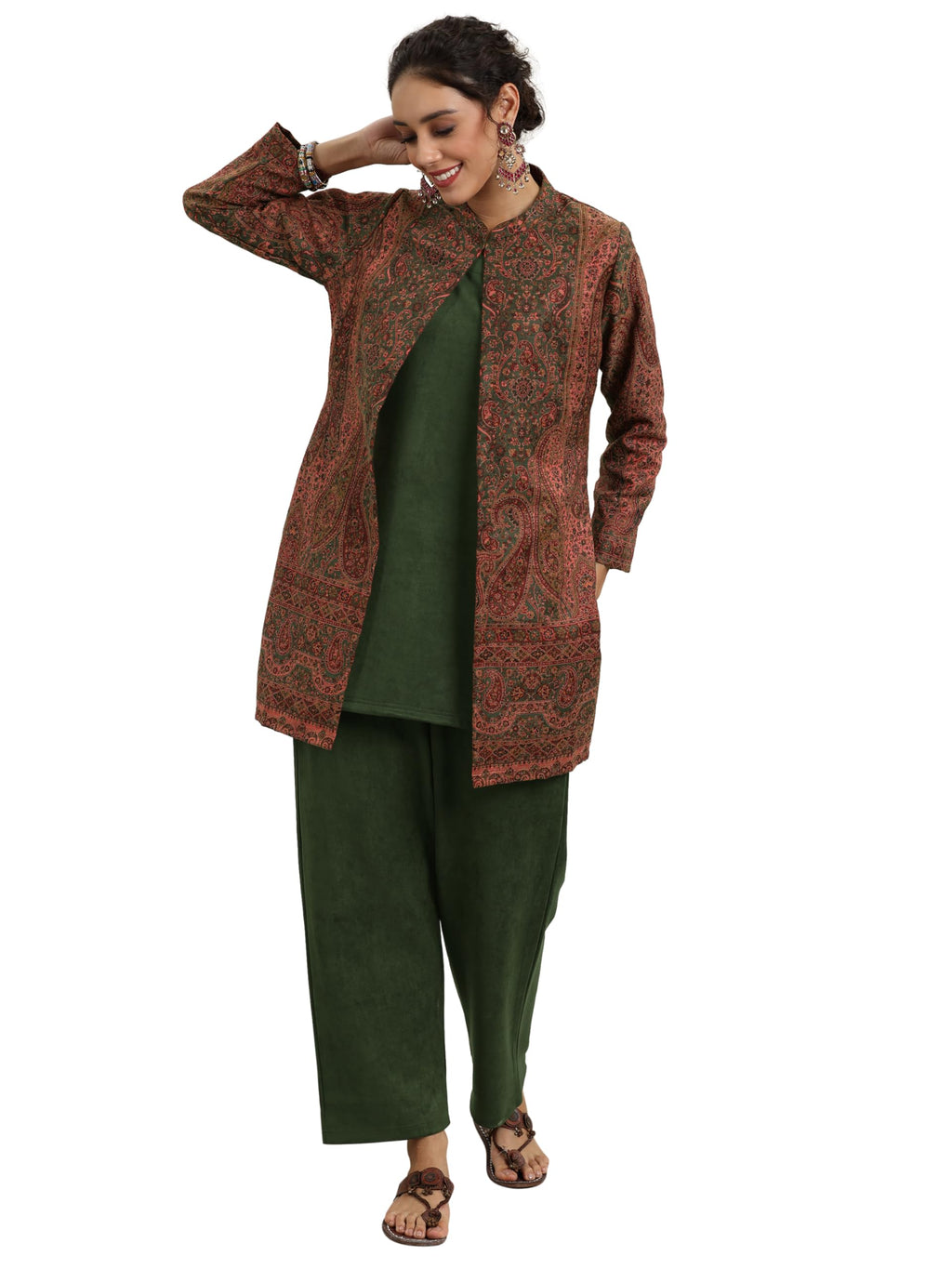 Libas Womens Woven Design Wool Straight Kurta With Palazzos And Jacket