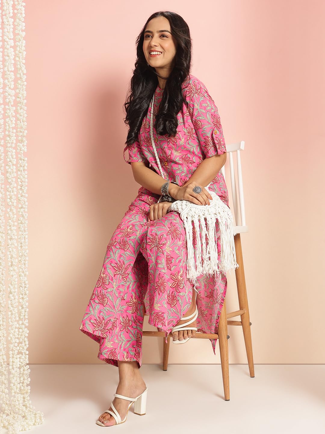 ANNI DESIGNER Women s Straight Printed Viscose Kurta with Trousers, Pink, 36