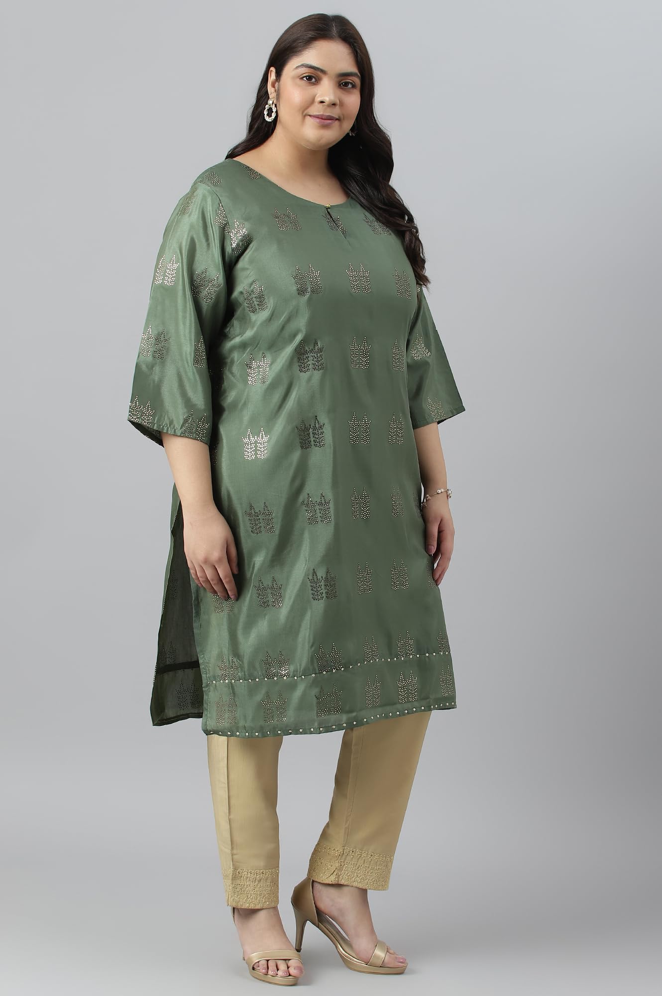 W For Woman Women Polyester Shantung Plus Size Kurta With Pant With Mukaish Print