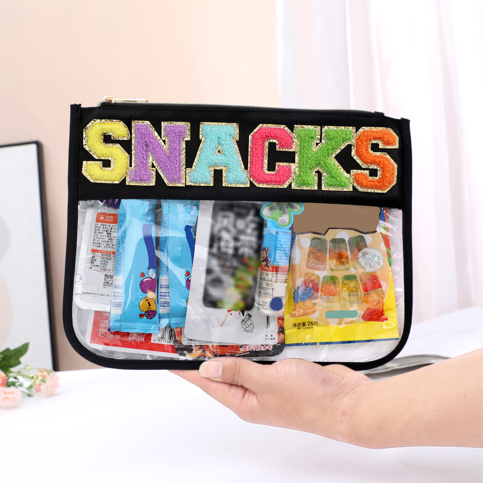 BCRMPT Chenille Letter Bag Clear Flat Pouch,Multi-purpose PVC&Nylon Clear Cosmetic Bags,Travel Makeup Bag With Zipper For Women,