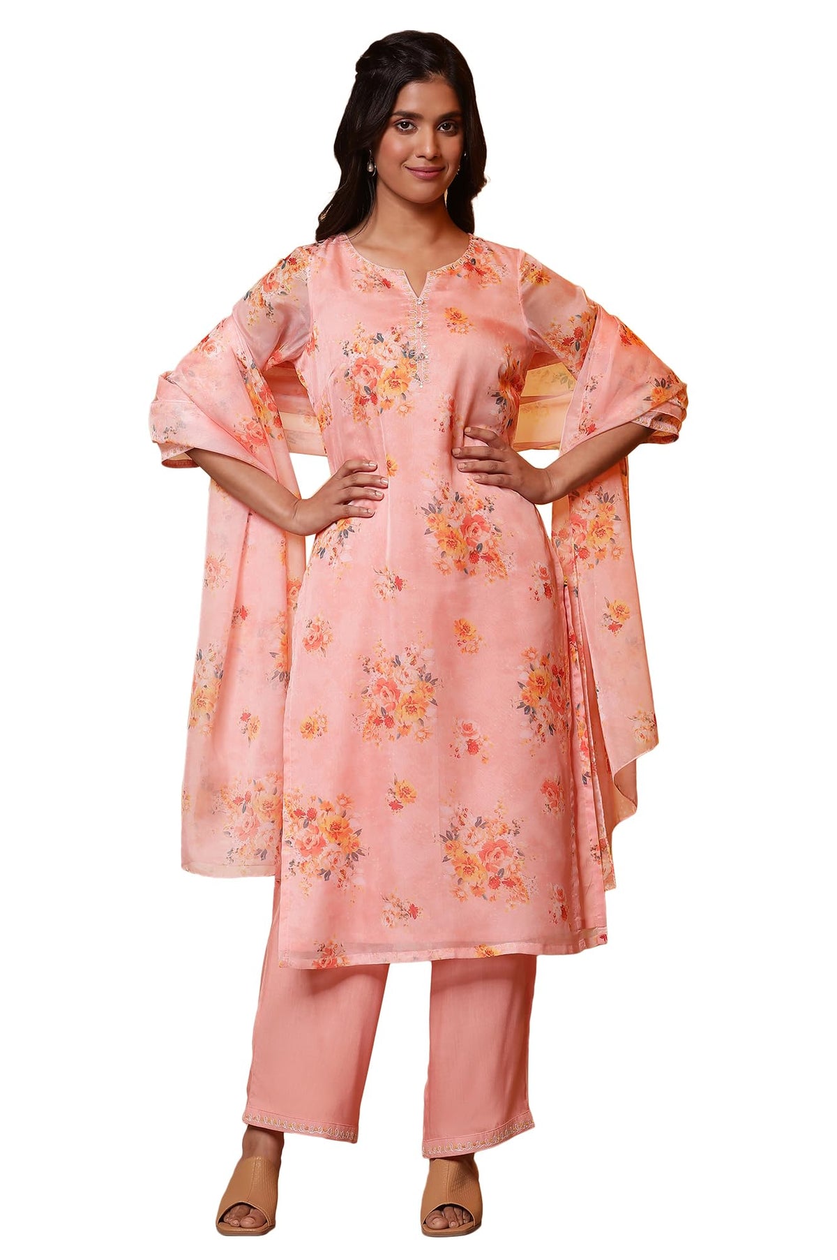 Aurelia Women Polyester Floral Kurta Set (24Feas15215_Peach, Large