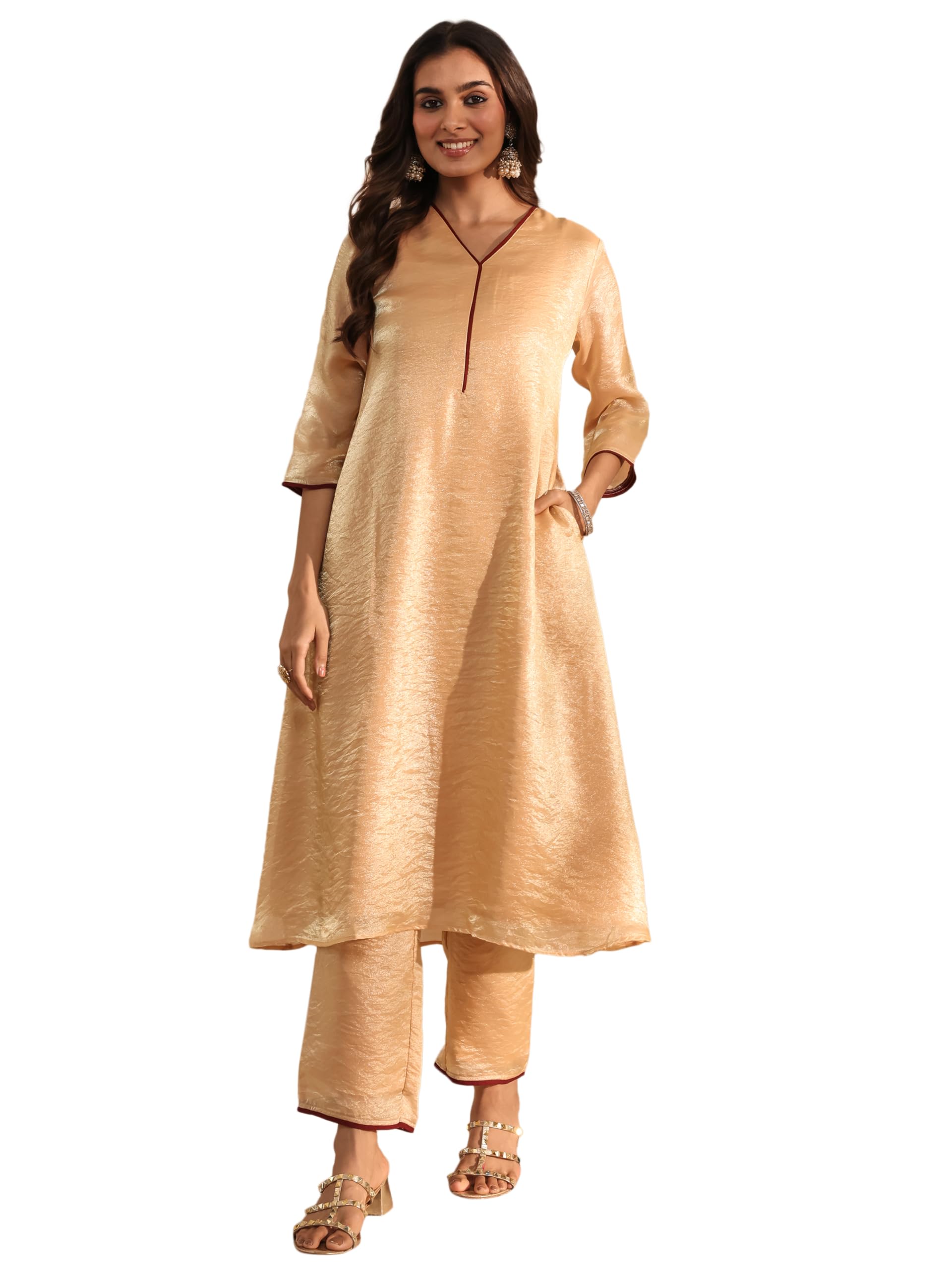 Libas Solid Silk Blend A-Line Kurta With Trousers-401574XL