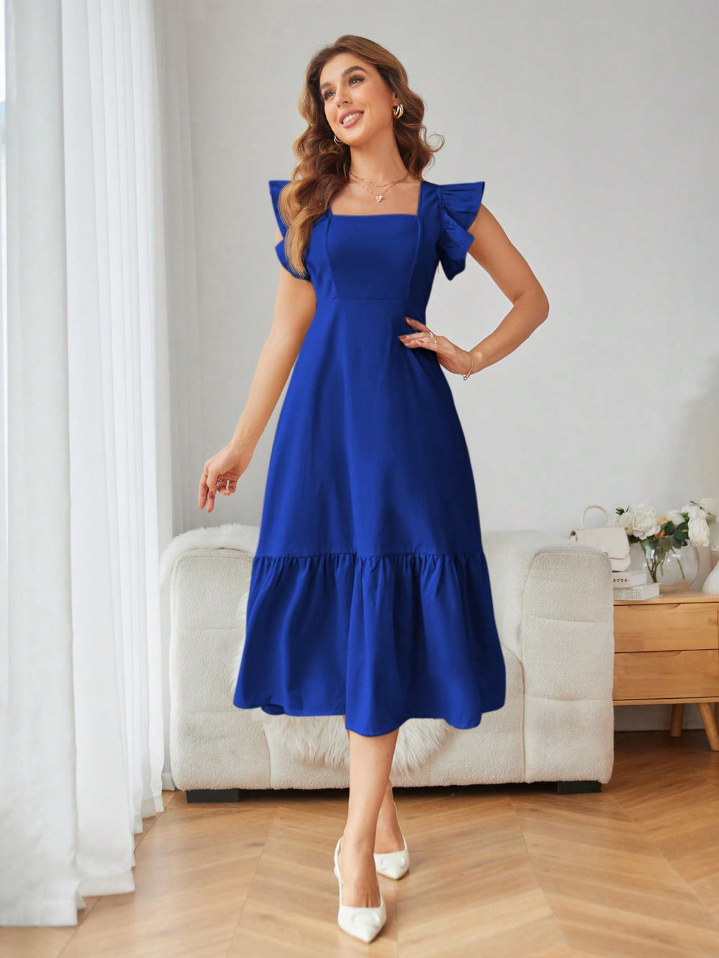 Shasmi GirlS & WomenS Solid Royal Blue Color Square Neck, Ruffle-Trimmed Hem Sleeveless, Ruffle Armhole And Casual Dress With