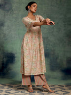 Libas Beige Printed Silk Blend Anarkali Kurta With Palazzos