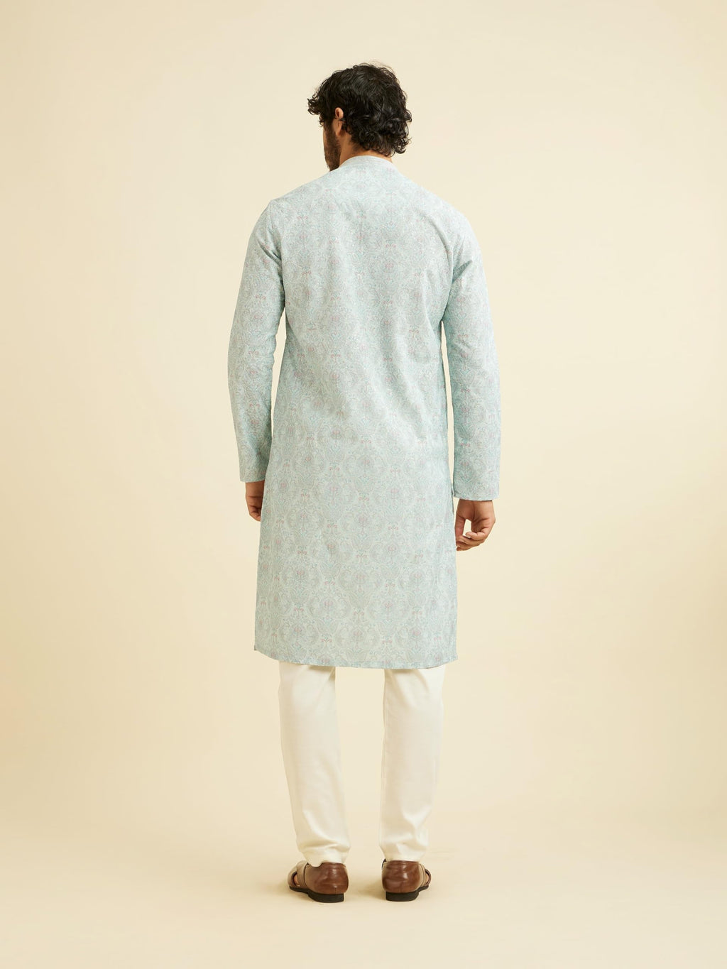 Manyavar MenS Cotton Blend Chikankari Sequined Kurta Pyjama Set (Green,L)
