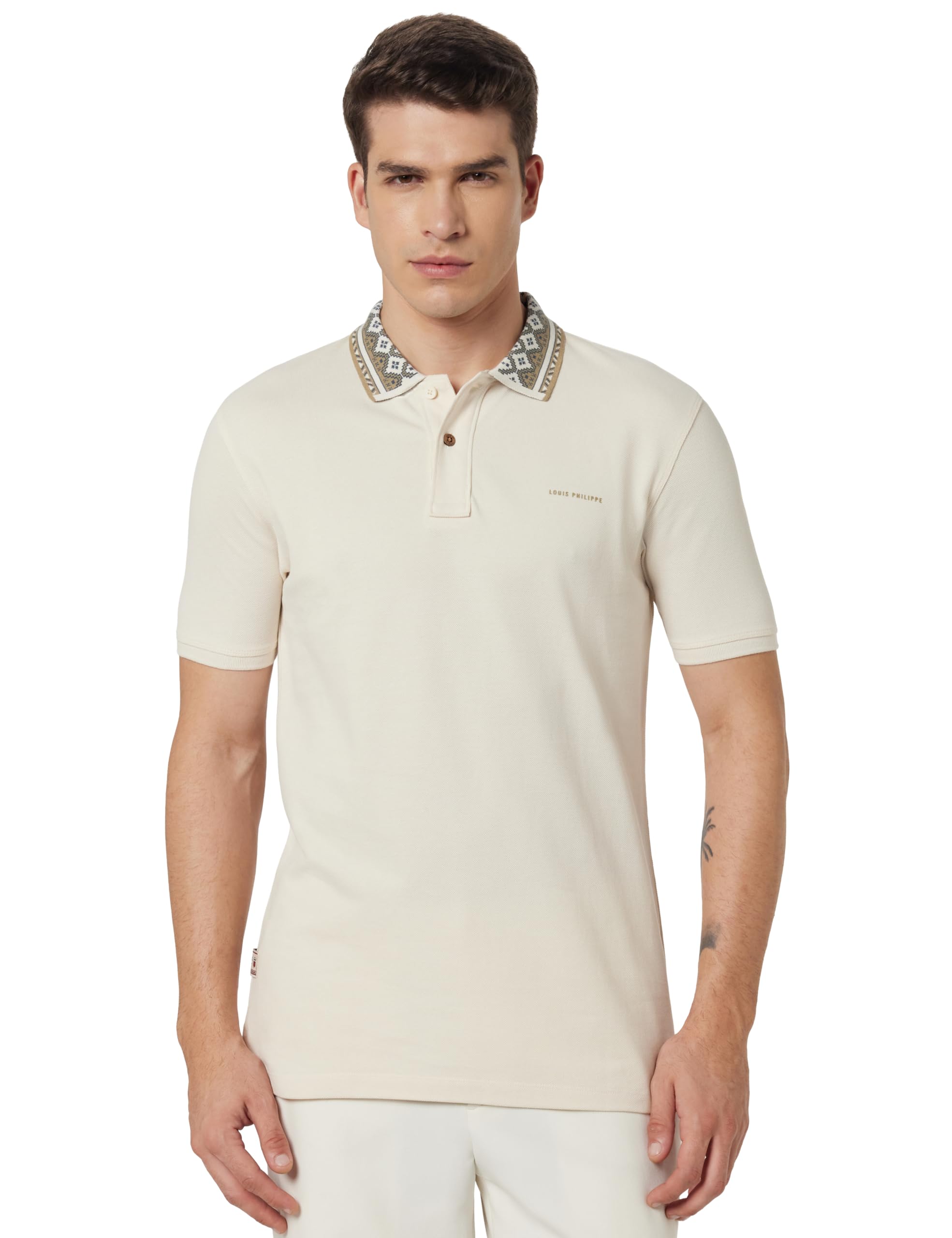 Louis Philippe Men Beige Textured Polo Neck T-Shirt