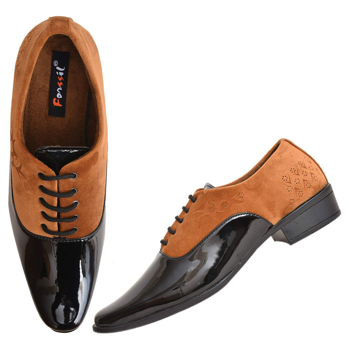 Present Mens LaserCut Designed LaceUp Patent Synthetic Derby Formal Shoe for Men Tan 9