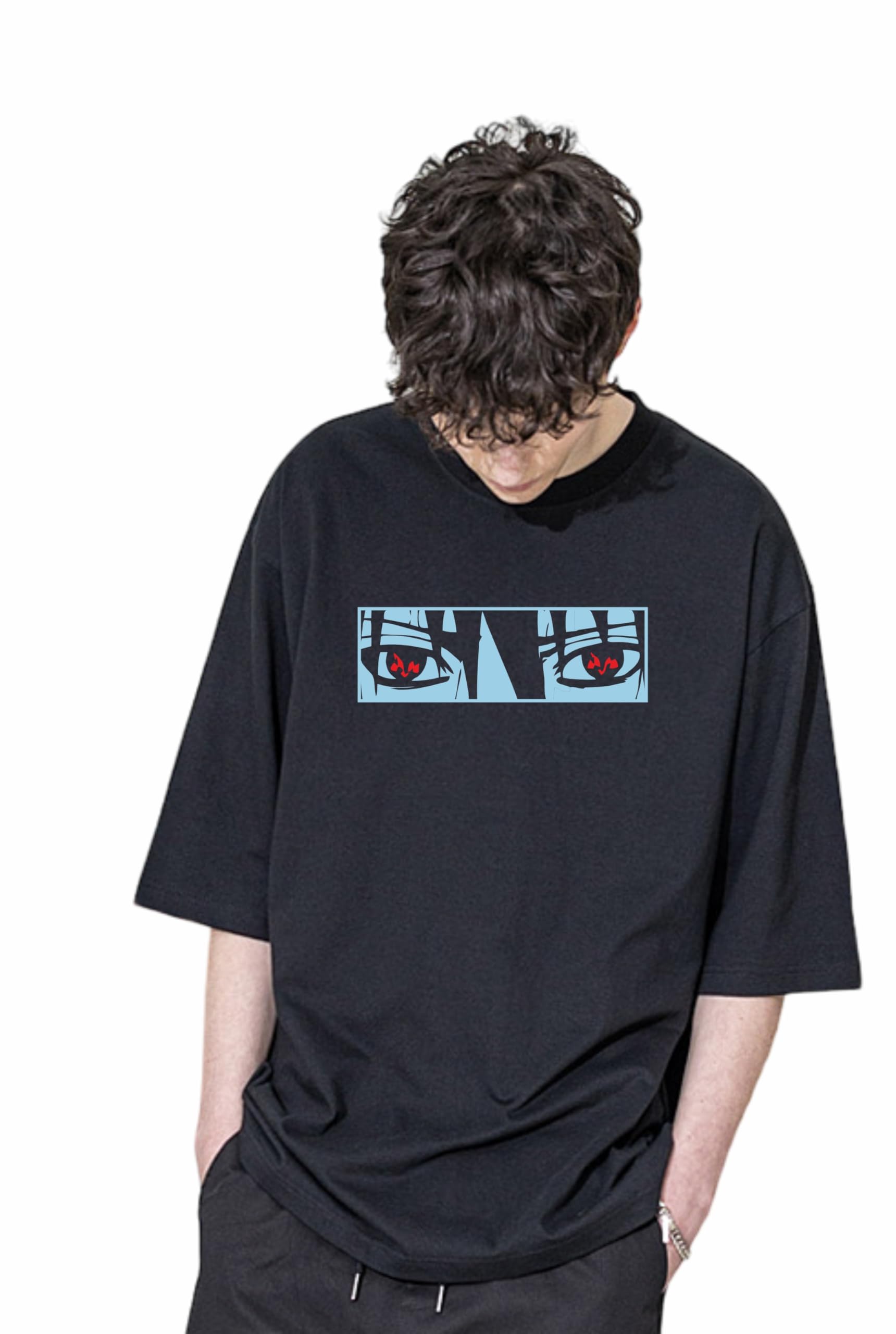 Cotton Four Anime Story Back Printed 3/4 Sleeve Black Oversized T Shirt For Men