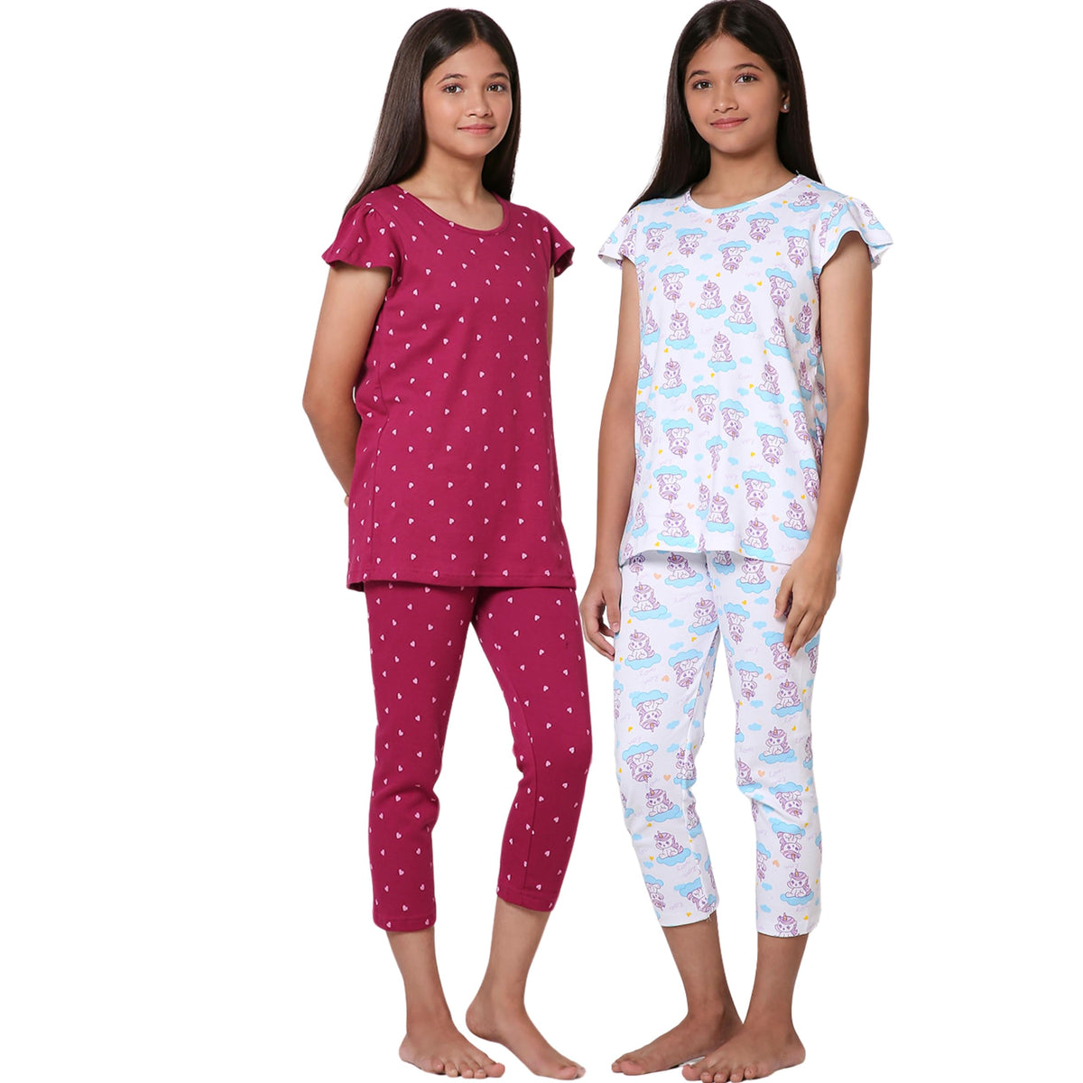 TotzTouch Girls Cotton Pyjama Set Printed T Shirt Capri Pant (3/4 th Pant) Night Dress (Pink Heart and Unicorn Design) Age 13 to 13-14
