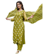 ANNI DESIGNER Womens Cotton Blend Embroidered Straight Kurta with Pant & Dupatta (CHAKDOL-MAHENDI_M_Green_Medium)