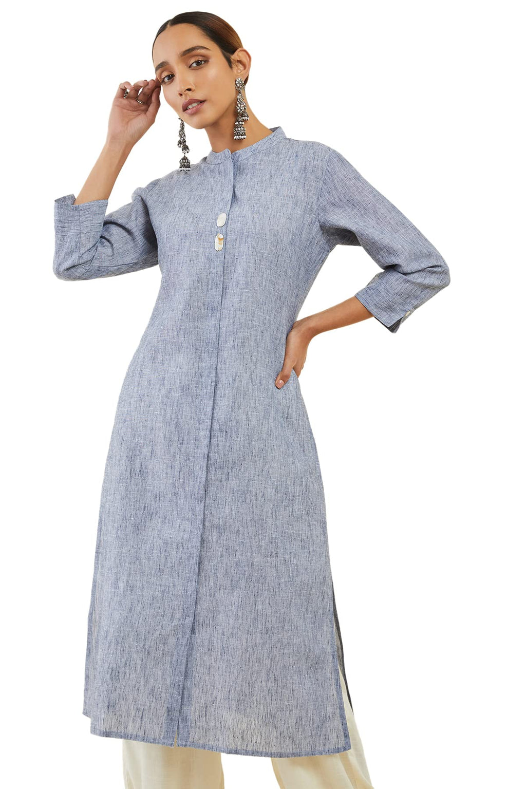 Soch Womens Grey Linen Straight Kurta With Shell Button Embellishments