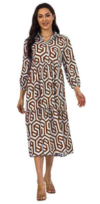 Shasmi Women & Girls Solid Maroon Geometric Print Collared Dress With Long Cuffed Sleeves, Panelled Hem And A Button-Up Front Ga