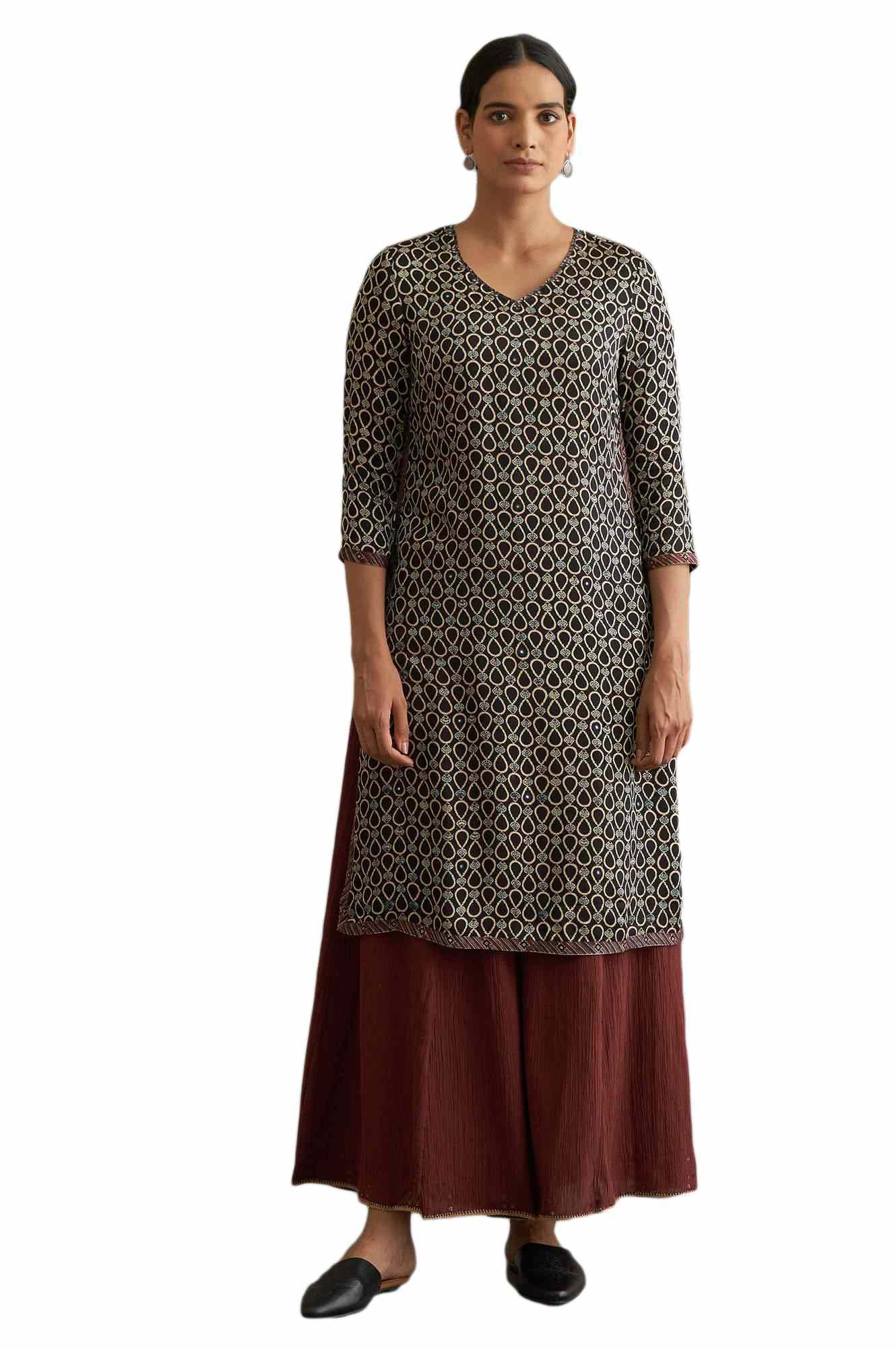 Black Ajrakh Print Lustrous Satin Kurta