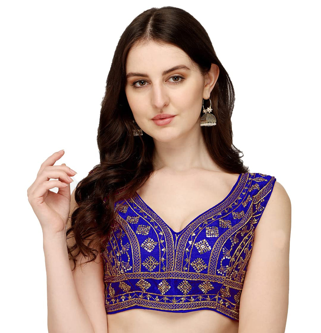 Vihu Fashion WomenS Silk Embroidery Sequins Zari Work Readymade Saree Blouse
