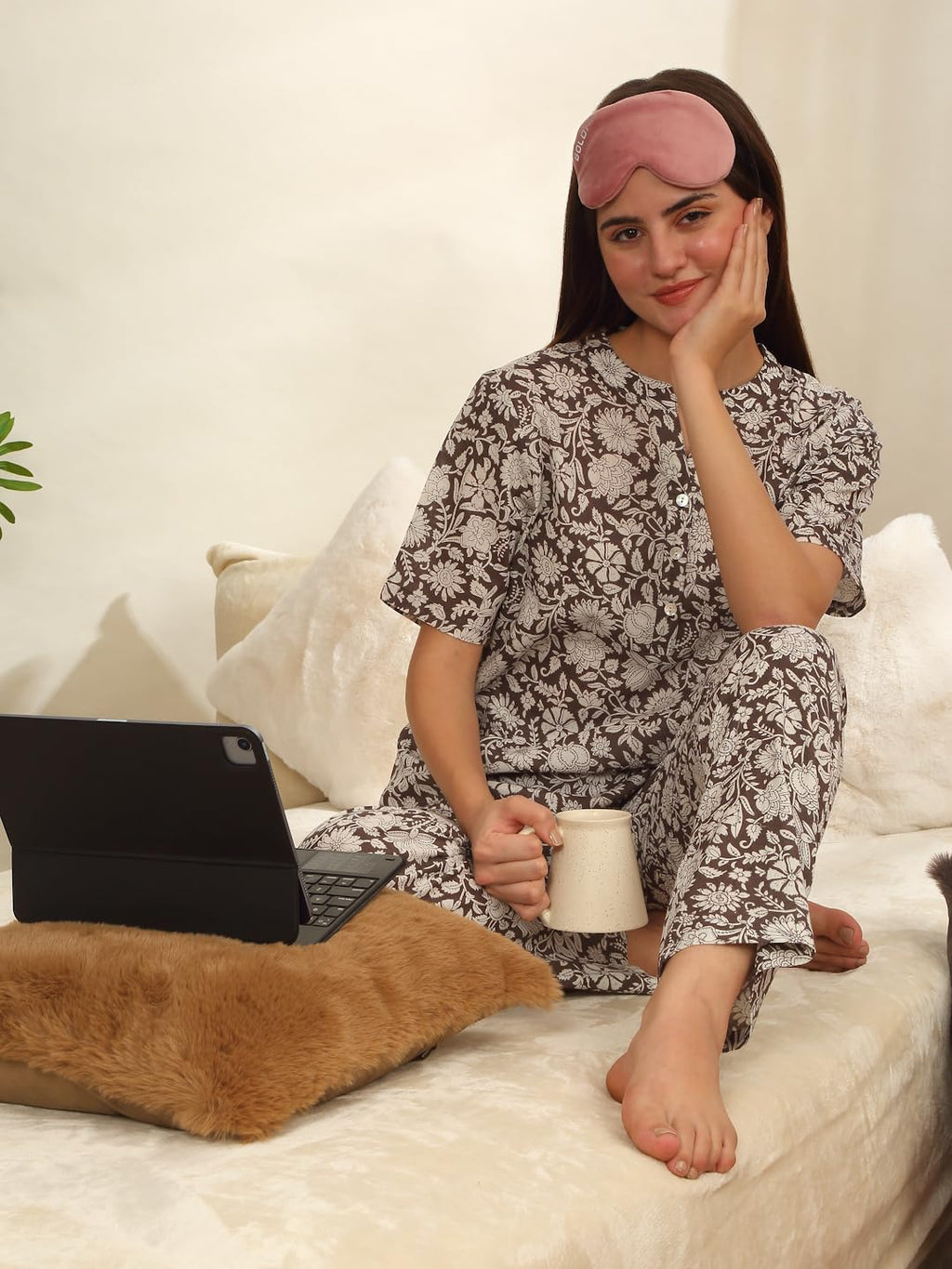 Sweet Dreams Women Printed Pyjama Set Coffee