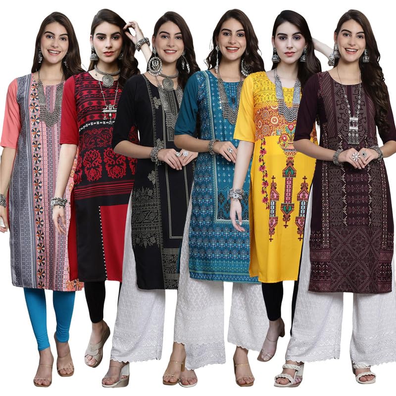 Pinkmint Womens Crepe Digital Print Straight Kurta [Pack of 6]
