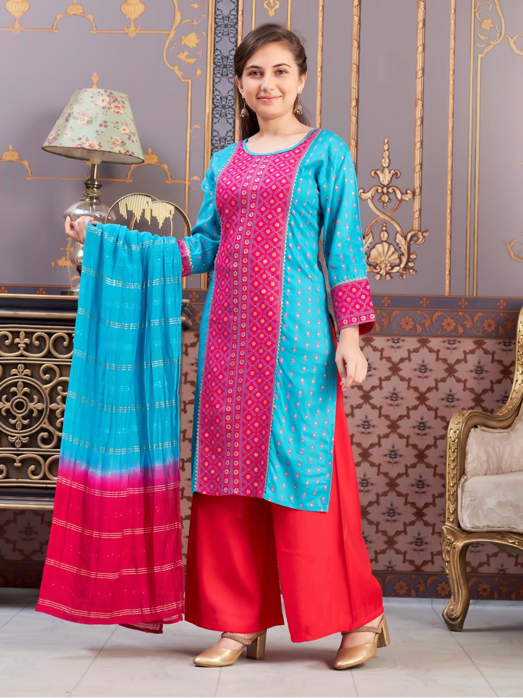 Aarika Girls Ethnic Wear Rama-Rani Colour Foil Print Rayon Kurti-8-15 Years (KURTI-TR-K-859)