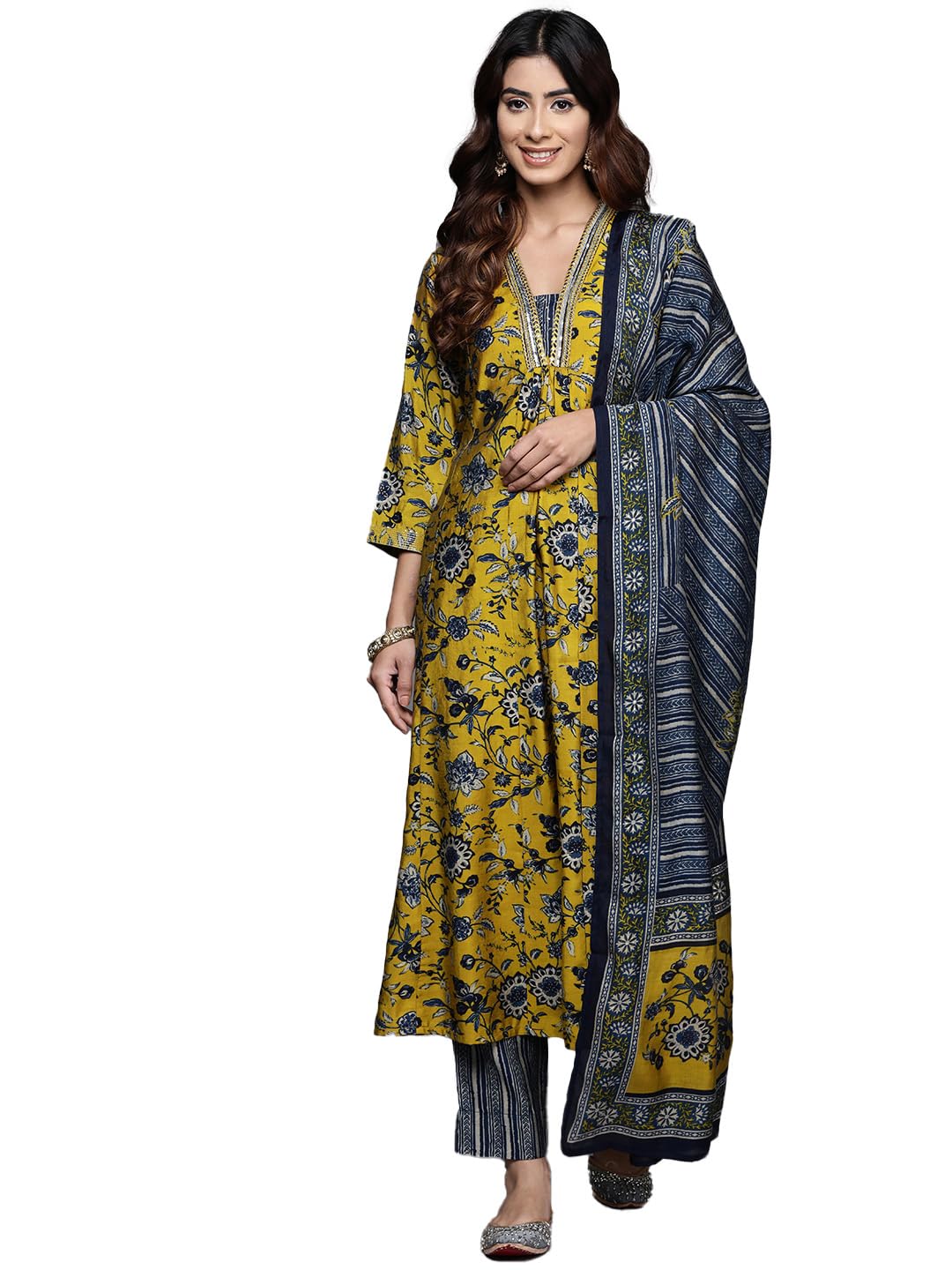 Varanga Women Mustard Floral Printed Embellished Kurta With Bottom And Dupatta  Elegant & Comfortable Ethnic Set For Women
