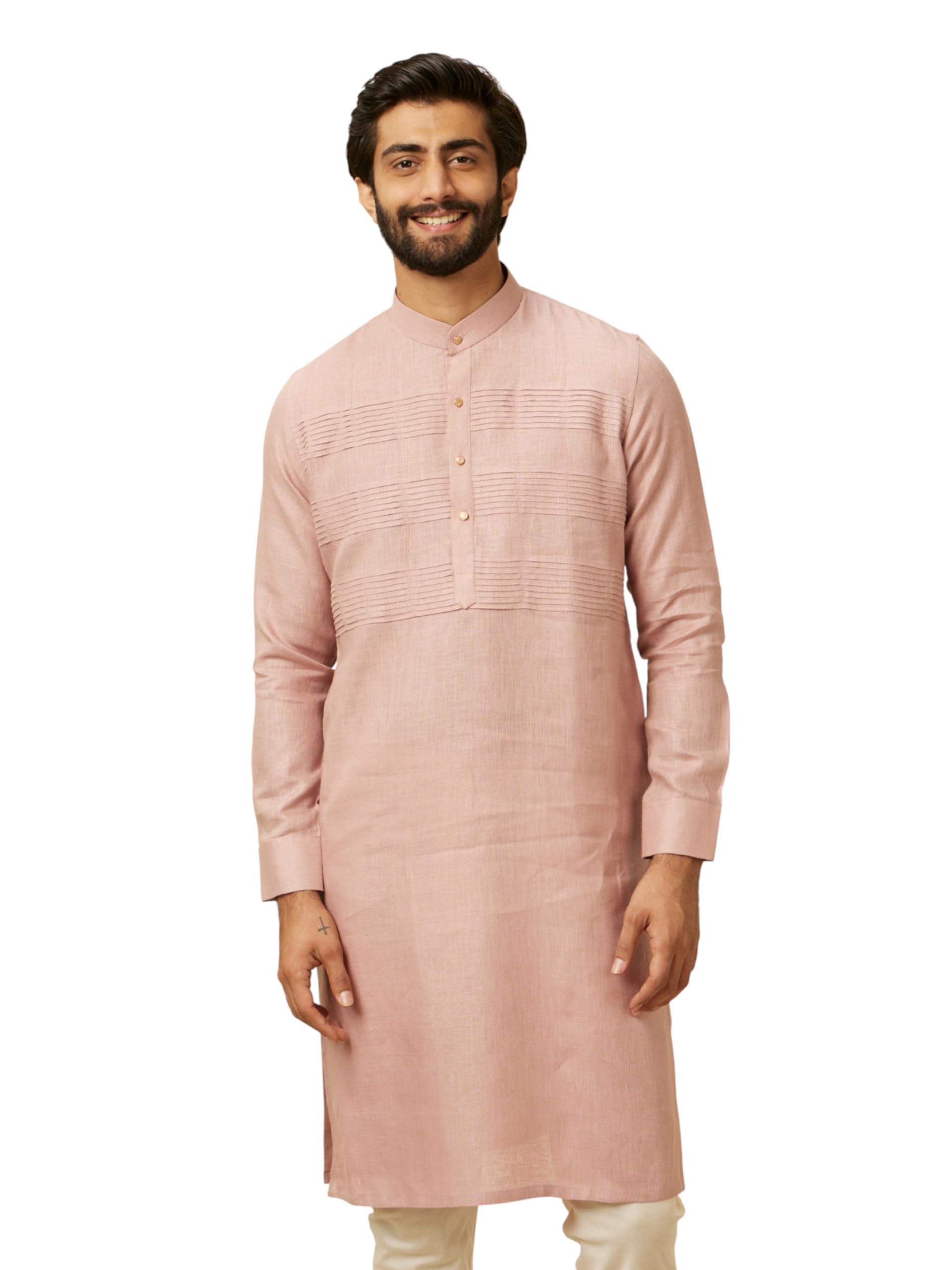 Manyavar Pink Linen Embroidery Kurtas