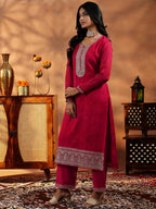 Libas Womens Embroidered Silk Blend Straight Kurta With Palazzos And Dupatta