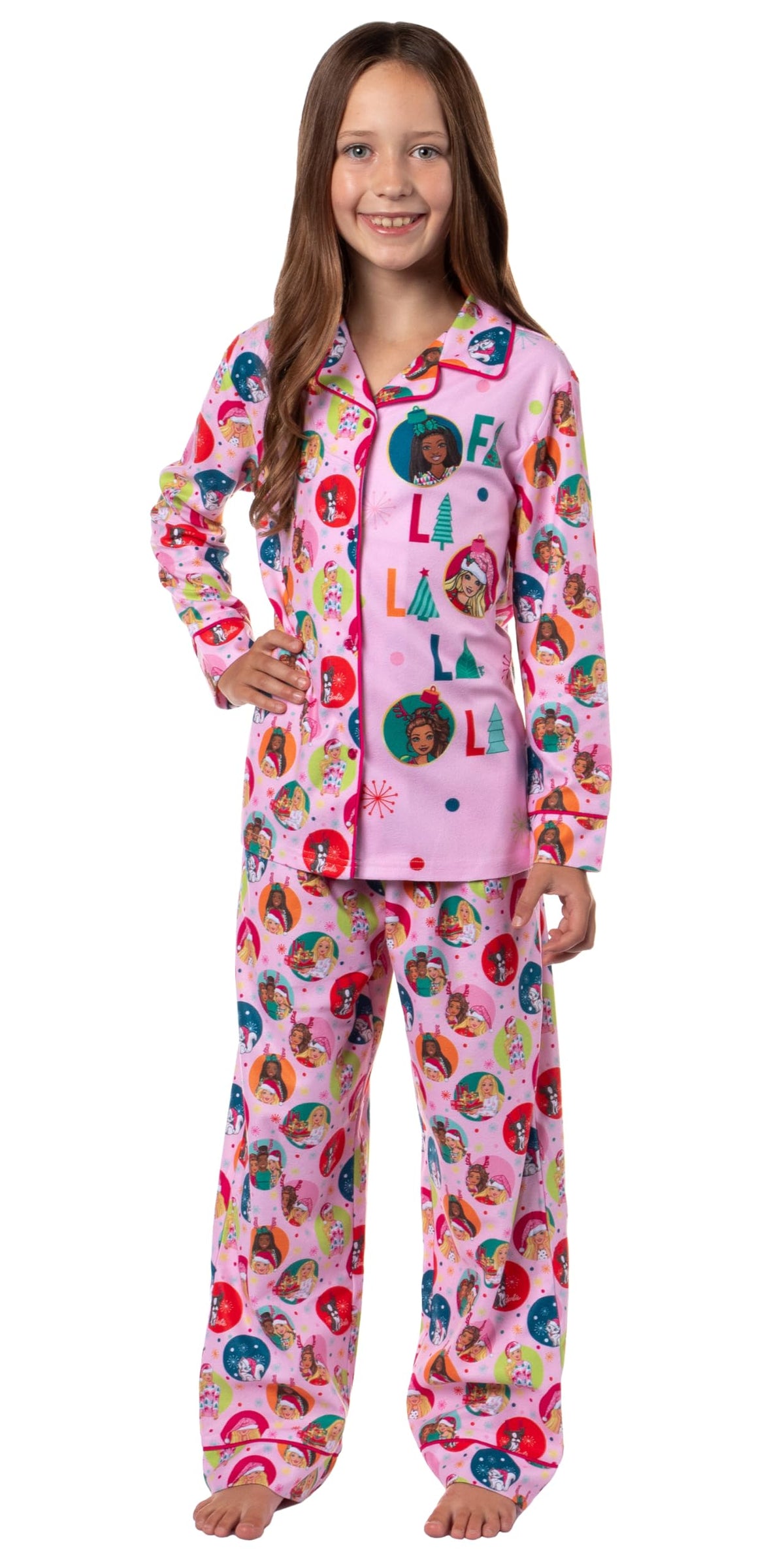 INTIMO Barbie Girls Christmas Characters FALALALA Santa Snowflake Sleep Pajama Set, Pink, 6 6