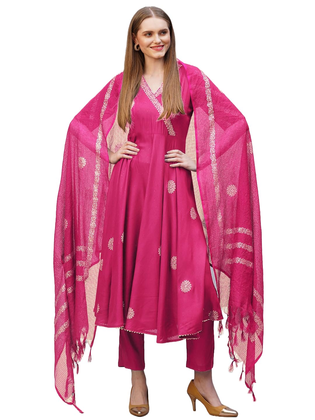 ANNI DESIGNER Women s Anarkali Printed Rayon Blend Kurta with Pants and Dupatta, Pink, XL