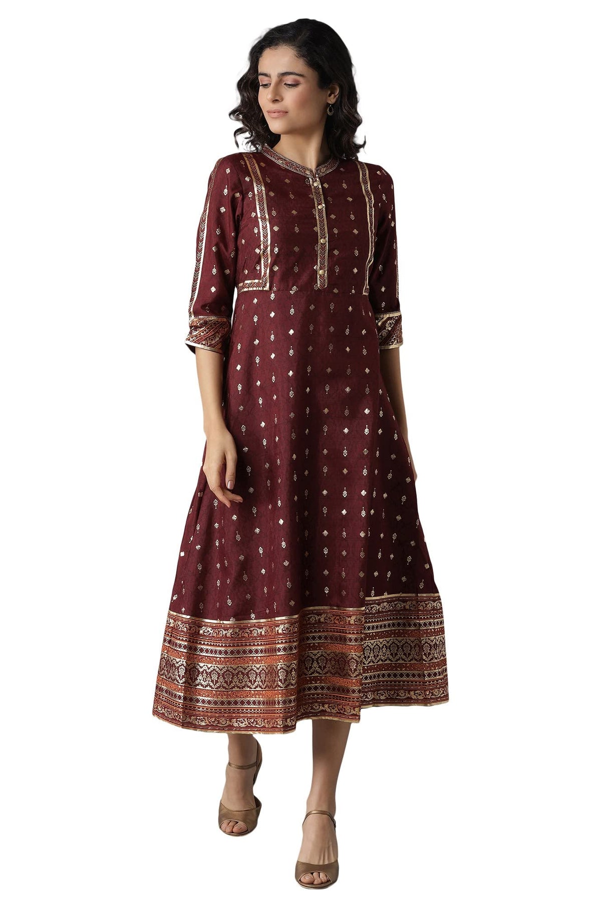Aurelia Womens Polyester Maroon Print Dress Calf Length (21AUA12392-503458 XS)