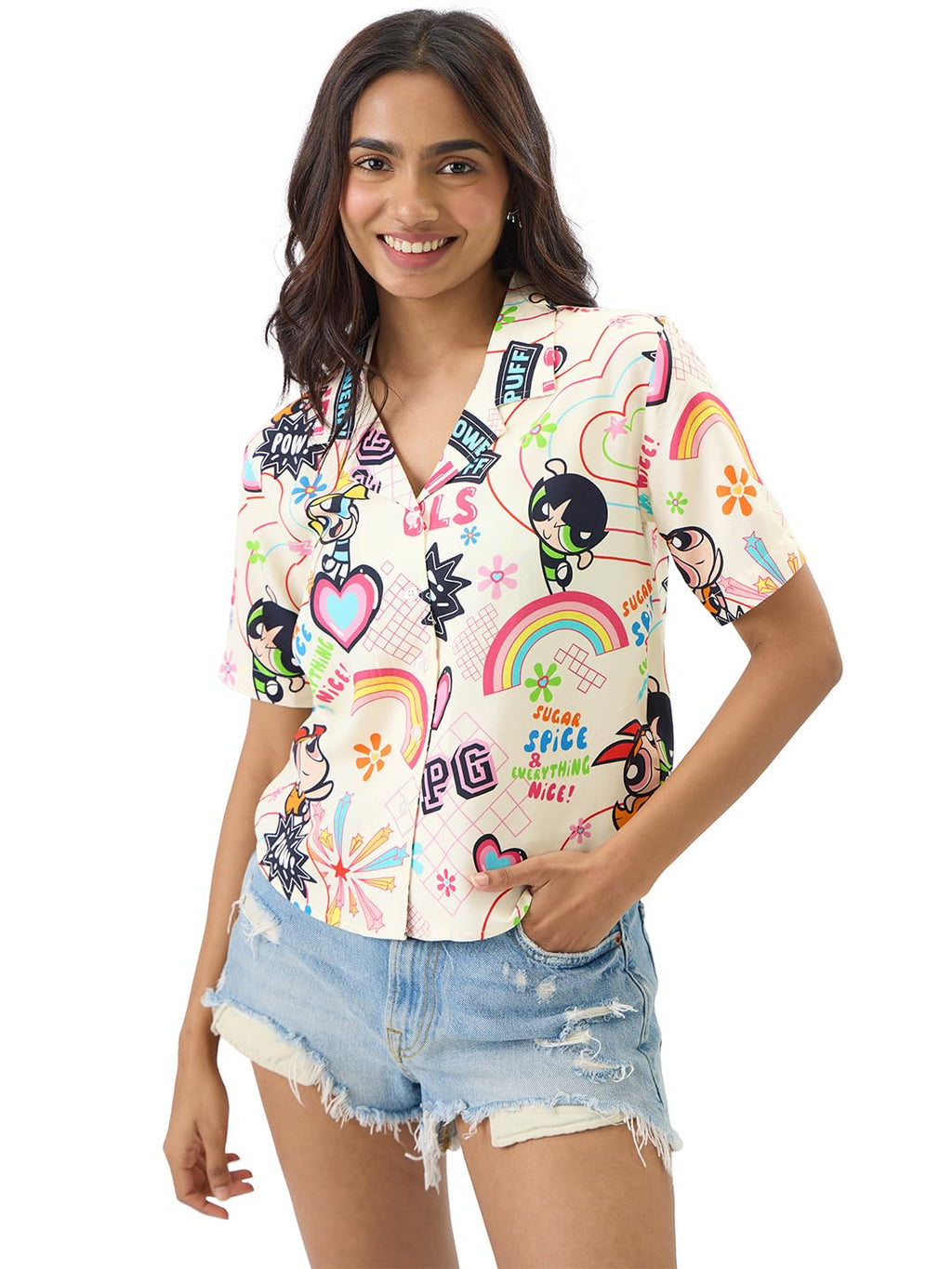 The Souled Store Official Powerpuff Girls: Sugar & Spice Women and Girls Short Sleeve Collared Neck Button Front Multicolor All 