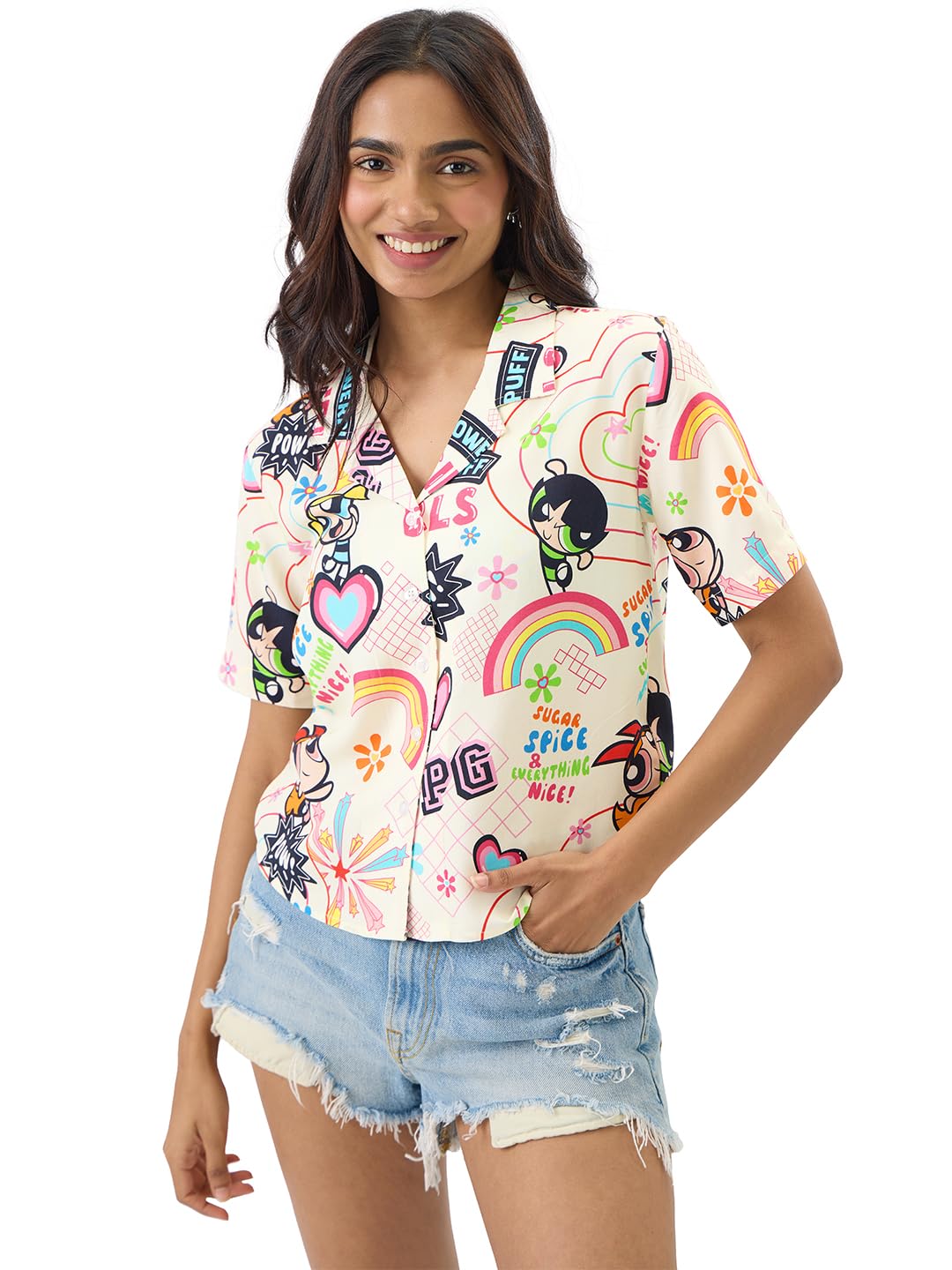 The Souled Store Official Powerpuff Girls: Sugar & Spice Women and Girls Short Sleeve Collared Neck Button Front Multicolor All 