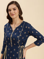 Rangita Navy Blue Rayon Calf Length Printed A-Line Kurti For Women | Kurta For Women