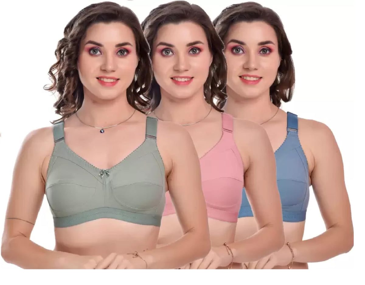 WomenS Cotton Bra C Cup Plus Size Non Padded Wire Free Full Coverage For Heavy Bust Ladies Daily Use(Combo Of 3 (34, Pink/Ligh 34