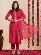 ANNI DESIGNER Women s Rayon Blend Kurta with Pants and Dupatta, Pink, L