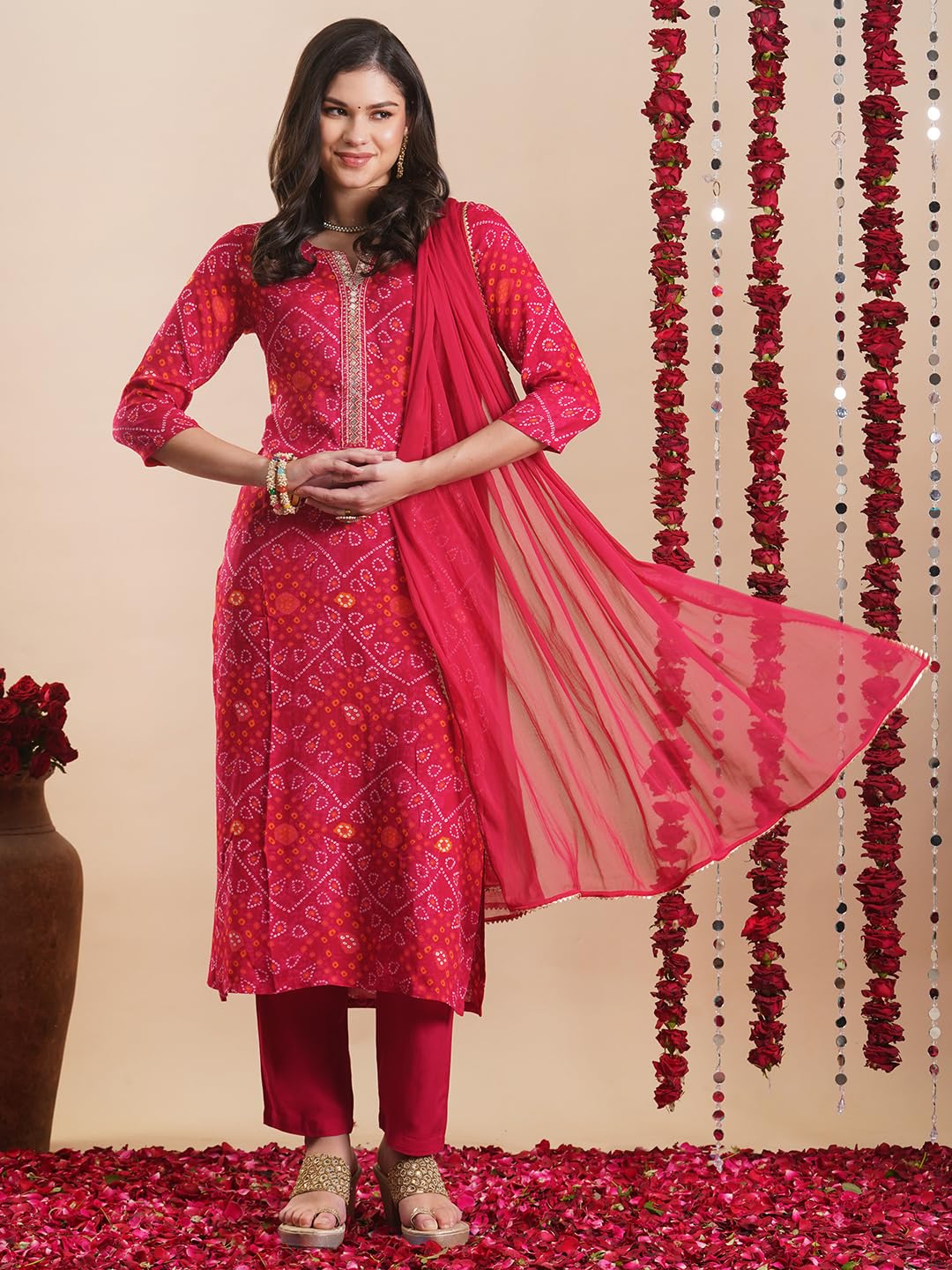ANNI DESIGNER Women s Rayon Blend Kurta with Pants and Dupatta, Pink, L