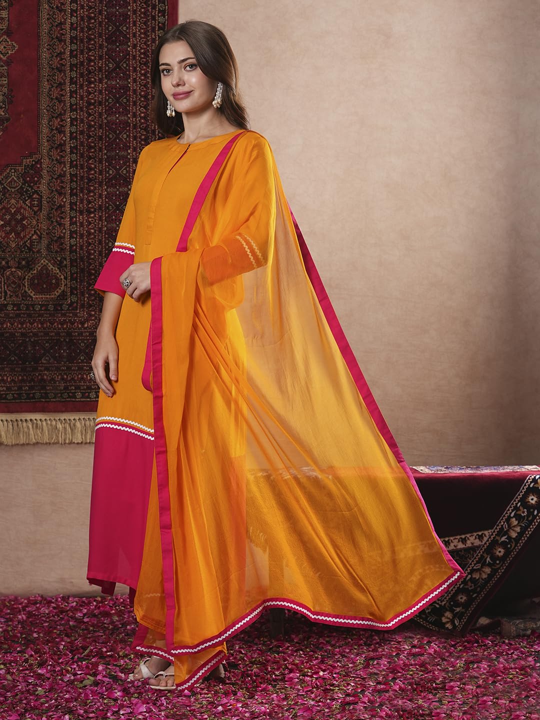 ANNI DESIGNER Womens Cotton Blend Straight Solid Kurta with Pant & Dupatta (PANAI Orange_M_Orange_Medium)