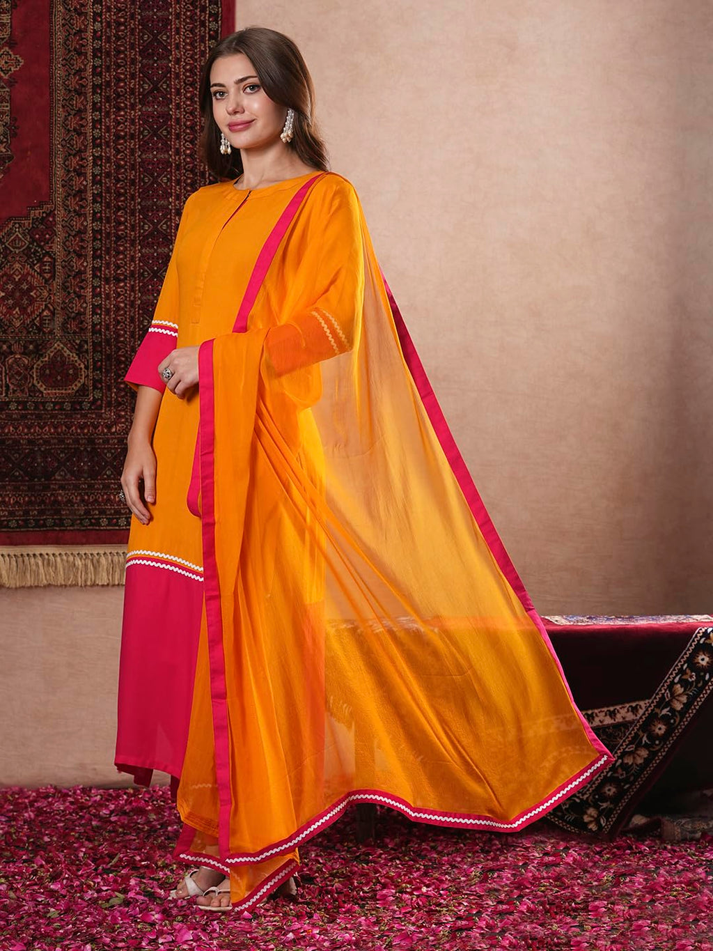 ANNI DESIGNER Womens Cotton Blend Straight Solid Kurta with Pant & Dupatta (PANAI Orange_S_Orange_Small)