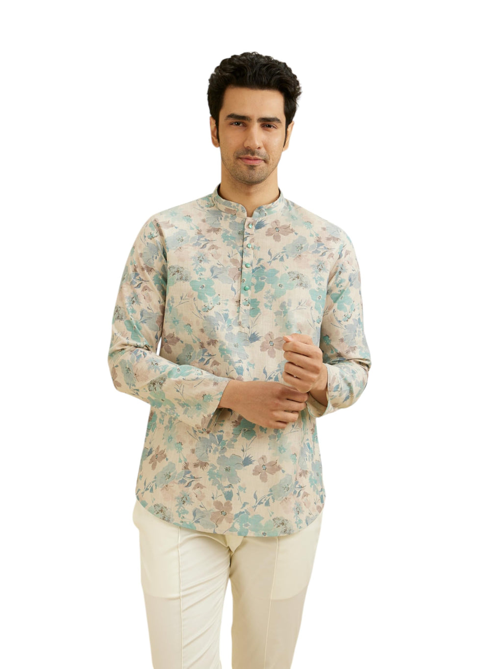 Manyavar Mens Linen Blend Floral Print Short Kurta (Aqua Green,XXXL)