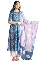 ANNI DESIGNER Womens Cotton Blend Anarkali Printed Kurta with Pant & Dupatta (NINA KEROCIN_L_Blue_Large)