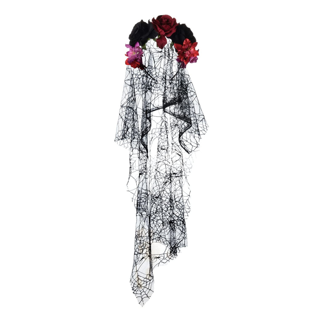 June Bloomy Day of the Dead Headpiece Rose Floral Crown Veil Halloween Costume Mexican Headband (D-Veil Burgundy Black)