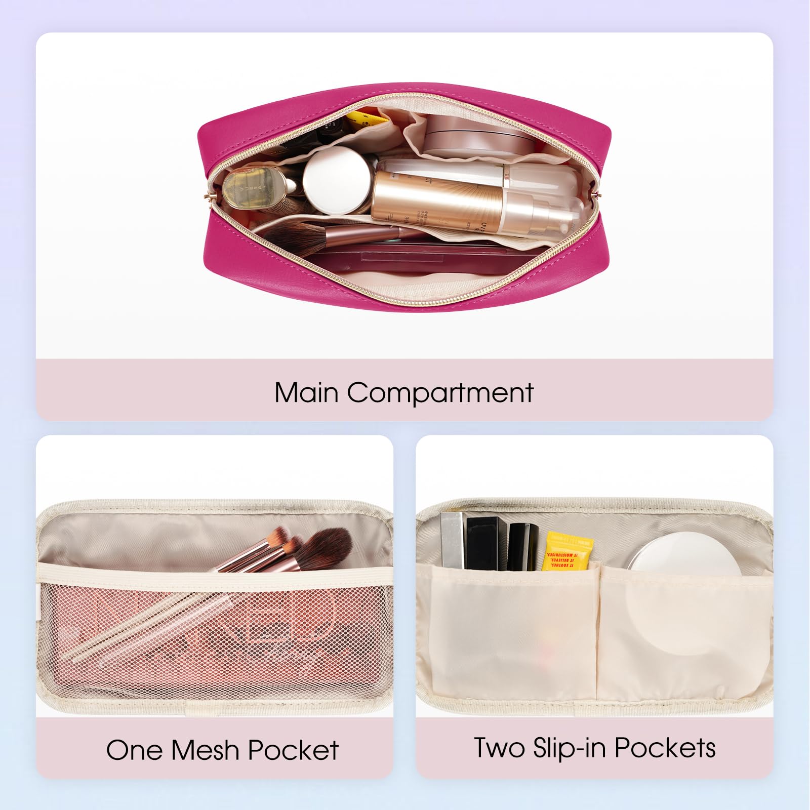 Wandering Nature Makeup Bag for Purse Cosmetic Bags for Women Make Up Organizer Travel Pouch with Slip-in Pockets Eco Vegan Leat