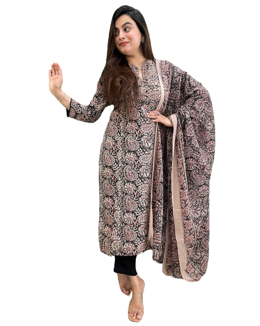ANNI DESIGNER Womens Rayon Blend Straight Printed Kurta with Pant & Dupatta (VAARAHI Black_XXL_Black_XX-Large)