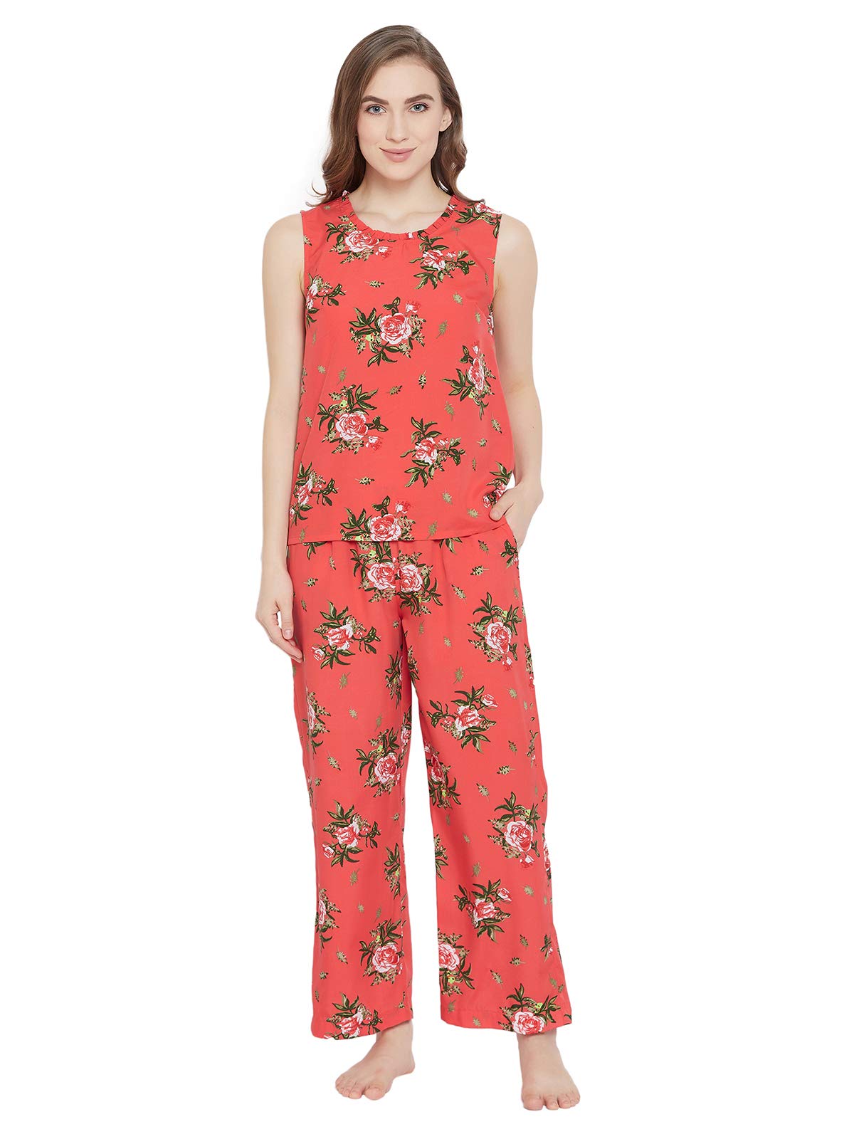Clovia Crepe WomenS Pretty Florals Top & Pajama Set (Ls0520P16_Orange_Medium)