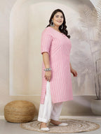 Stylum Plus Size Women Self Woven Striped Cotton Blend Straight Kurta (Yashipinkplus_Pink)