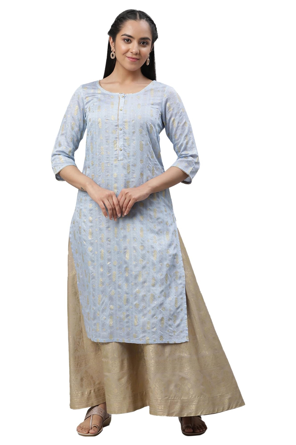 Aurelia Womens Light Blue Floral Printed Textured Rayon Lurex Straight Kurta_23AUA14644-507580_XS