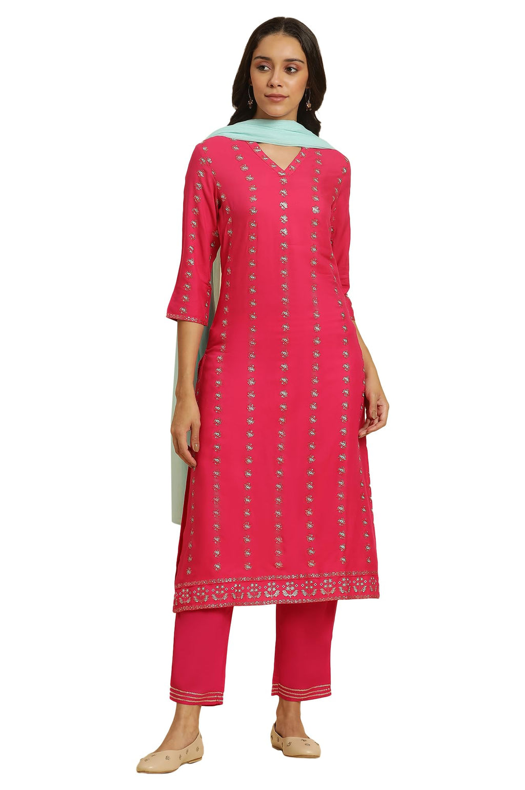W Pink Floral Printed Glitter Women'S Kurta Dupatta Bottomwear
