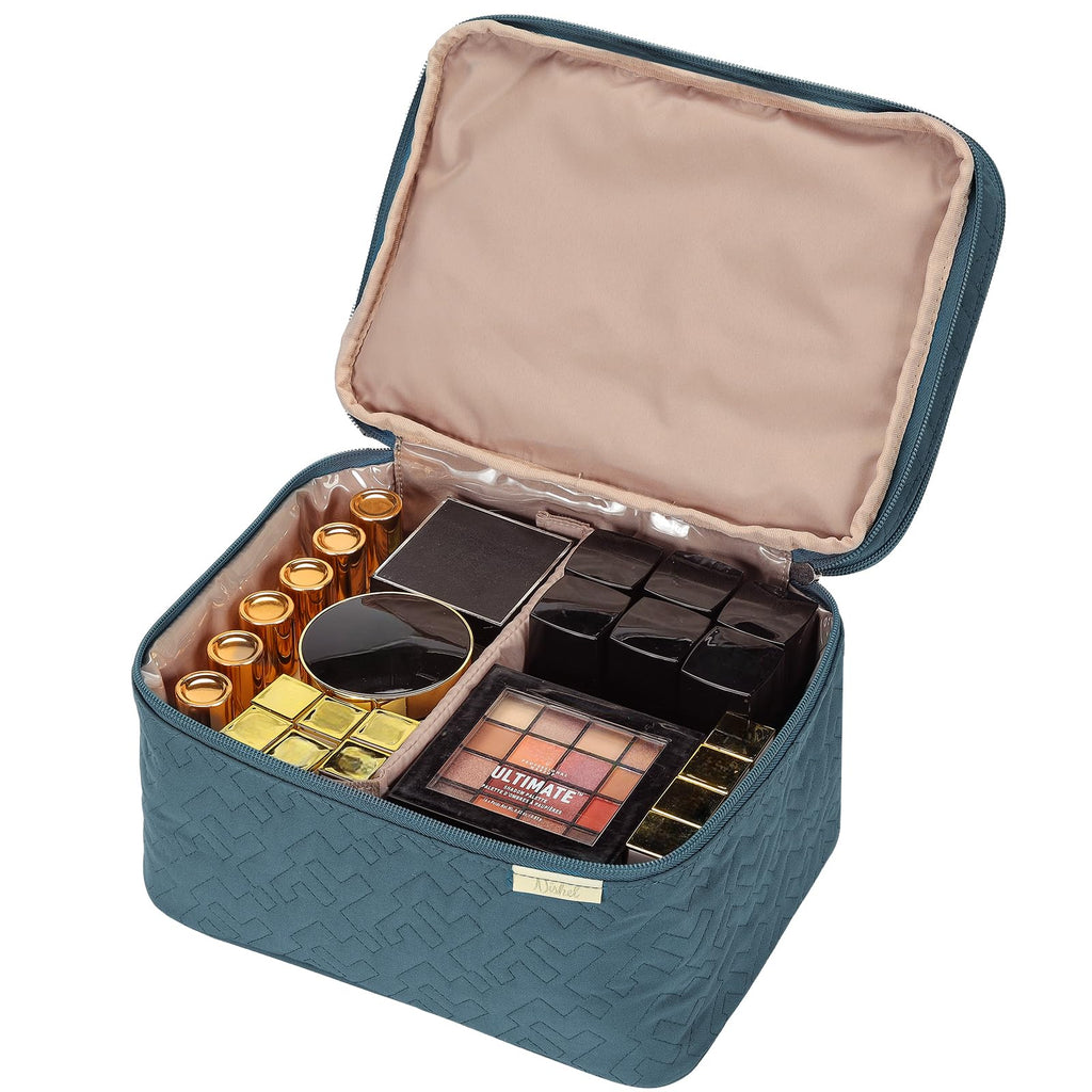 NISHEL Large Double Layer Travel Makeup Bag Women, Large Cosmetic Case, Organizer for Travel-Size Accessories Bottles, Brushes,