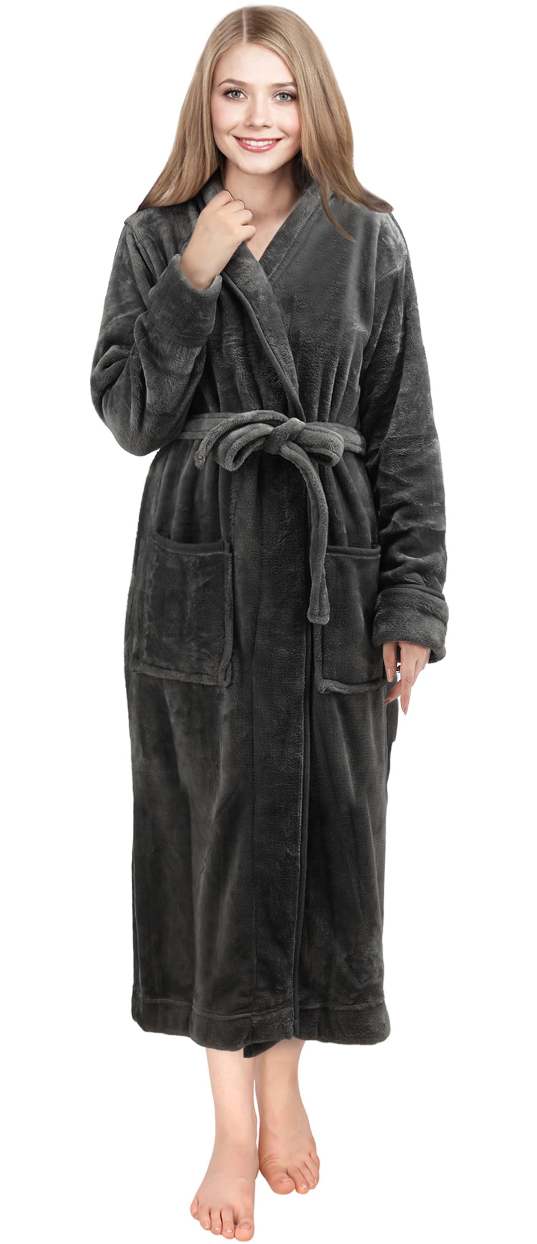 NY Threads Womens Fleece Bath Robe - Shawl Collar Soft Plush Spa Robe, Dark Grey, X-Large
