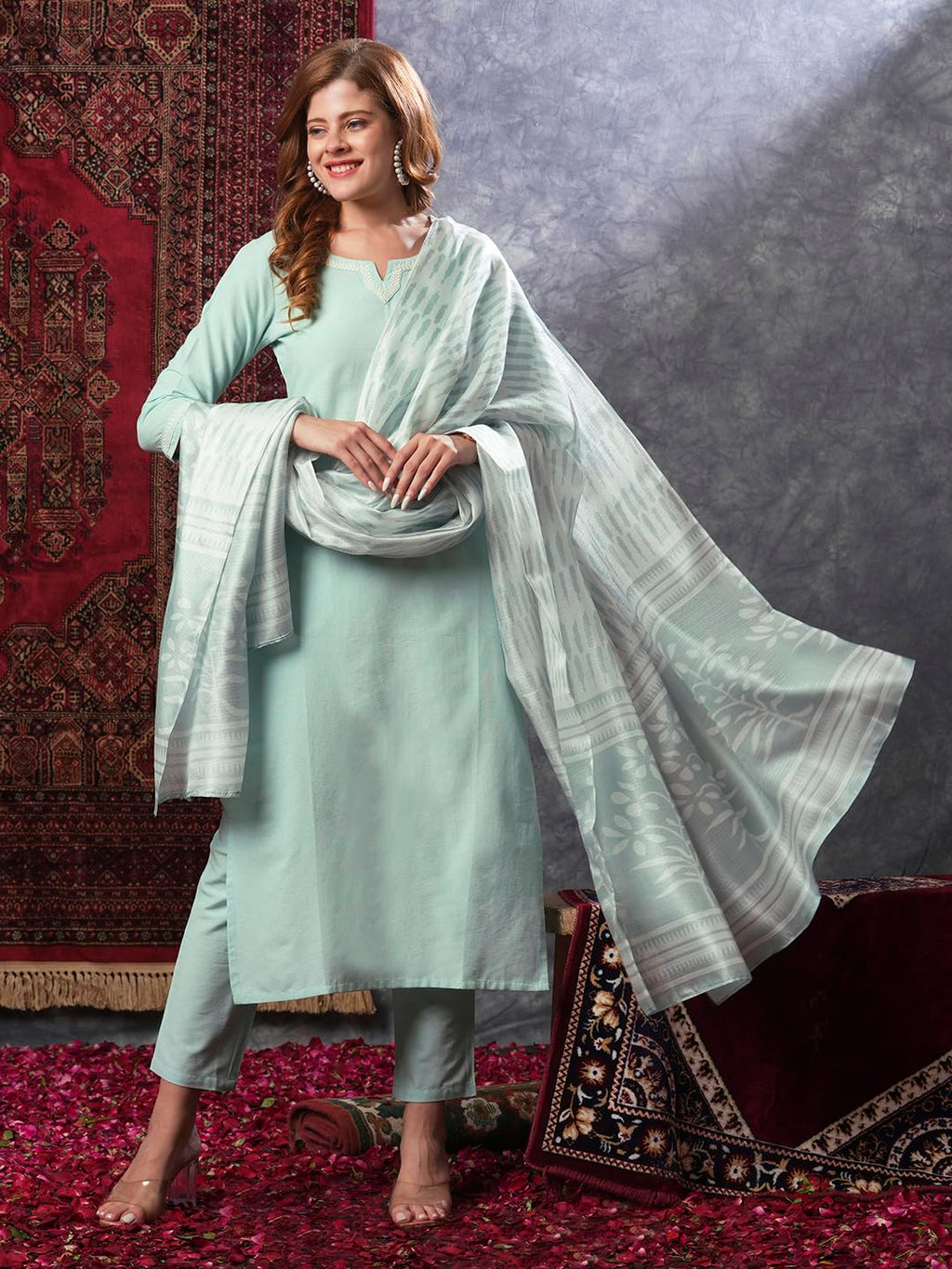 ANNI DESIGNER Women s Kurta Rayon Blend Pants with Dupatta, See Green, Small